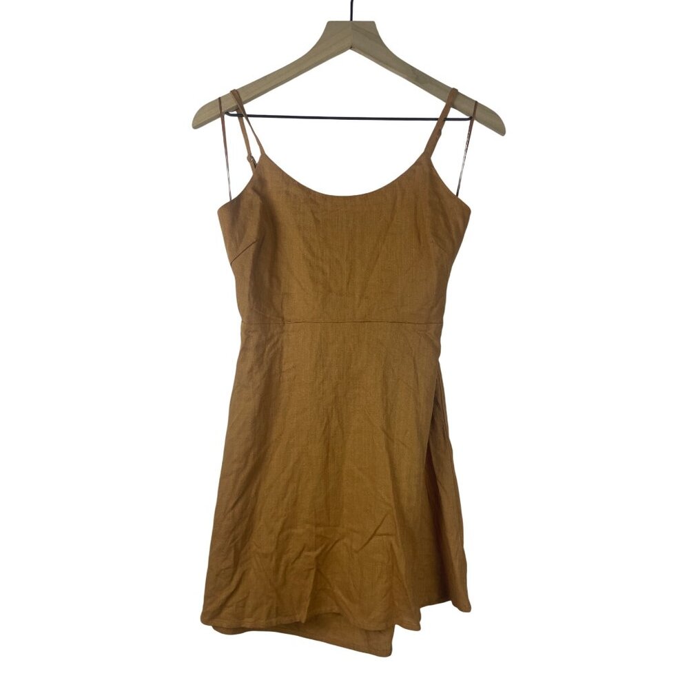 Rhythm Brigette Linen Mini Dress Women's Size 10 Medium NWT Tan Open Back Boho